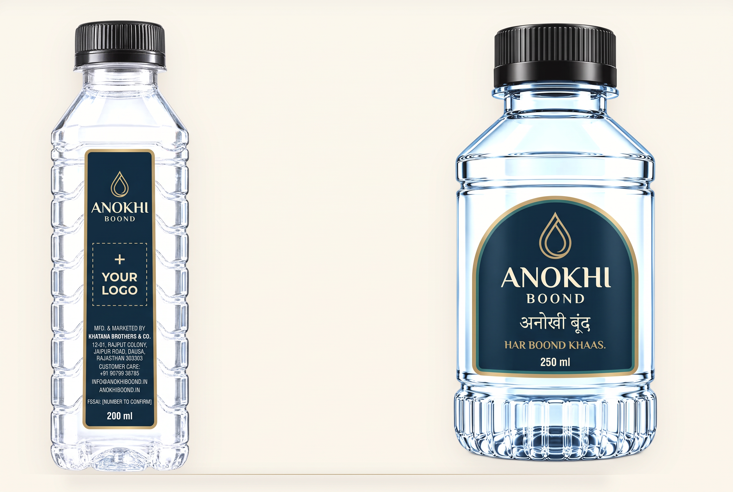 Anokhi Boond 200 ml custom-label and 250 ml branded water bottles
